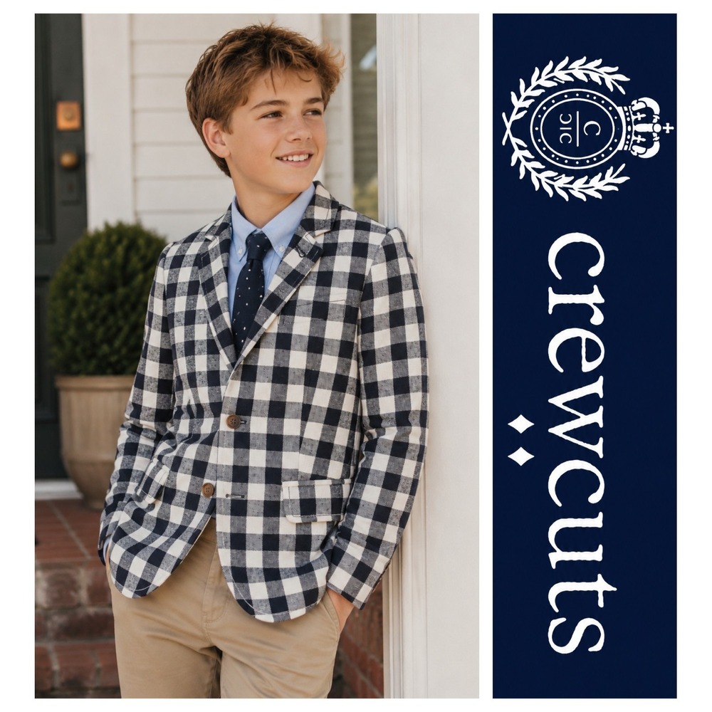 Crewcuts Boys Navy Gingham Thompson Blazer Linen Cotton Jacket G2104 Size 14 NWT